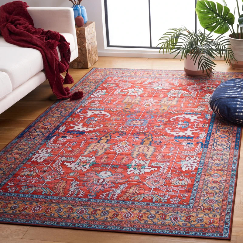 Safavieh Traditional Rug Ideal for High Traffic Areas - Machine Washable and Non Slip - Tucson Collection, Short Pile, in Red and Blue, 183 X 274 cm