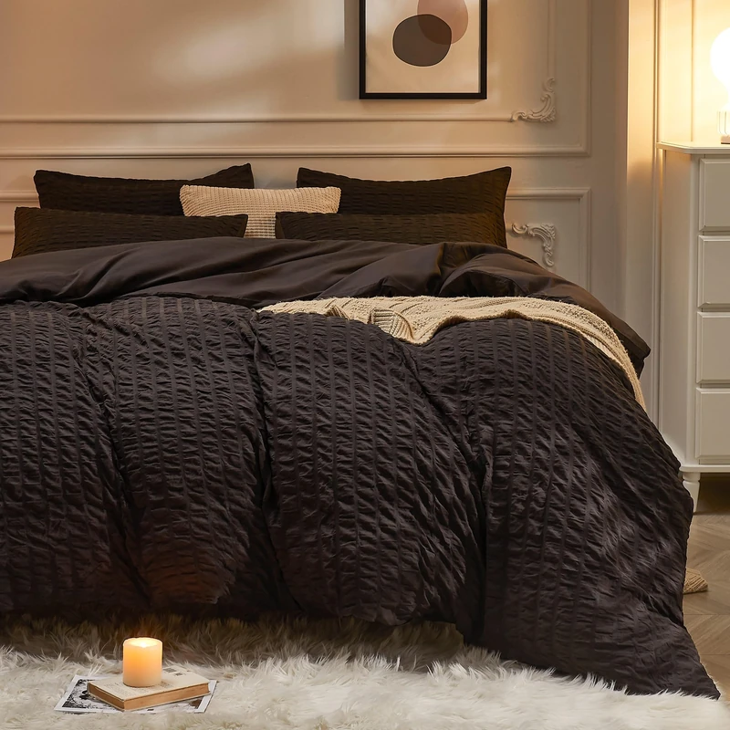 JELLYMONI Seersucker Duvet Cover Set King, 3pcs Black Polyester