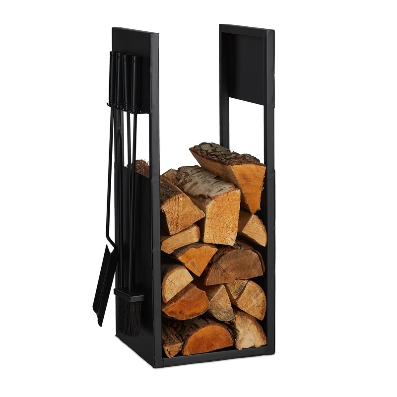 Relaxdays Firewood Rack with Accesories, Fireplace Companion Set, Stacking Indoors, Metal, HWD: 76.5 x 36 x 30 cm, Black, Iron
