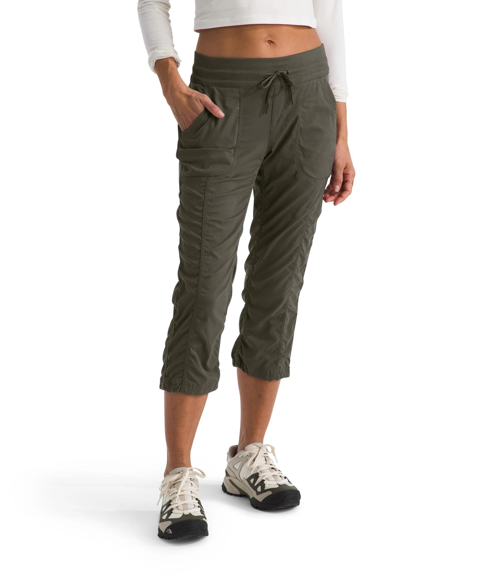 The North FACE Women's Aphrodite 2.0 Capri | Moisture Wicking Jogger, Water Repellent, UPF 40+, Rib Knit Waistband, Drawcord Leg Openings Pants, New Taupe Green-npf, Large