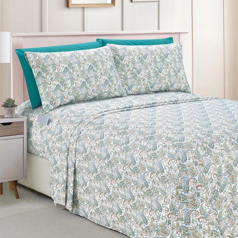 Elegant Comfort Amelia Paisley Printed 6-Piece Sheet Set, Deep Pocket 1500 Premium Hotel Quality, Fade and Wrinkle Resistant, Fitted Sheets with Smart Pockets, Paisley Sheet Set, Queen, Teal - Image 1