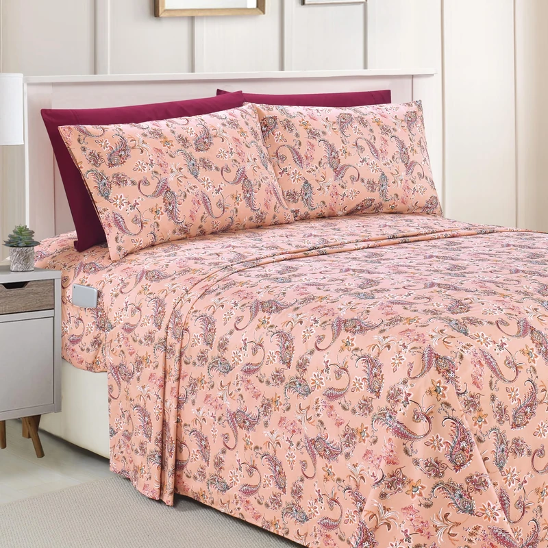 Elegant Comfort Amelia Paisley Printed 6-Piece Sheet Set, Deep Pocket 1500 Premium Hotel Quality, Fade and Wrinkle Resistant, Fitted Sheets with Smart Pockets, Paisley Sheet Set, King, Coral
