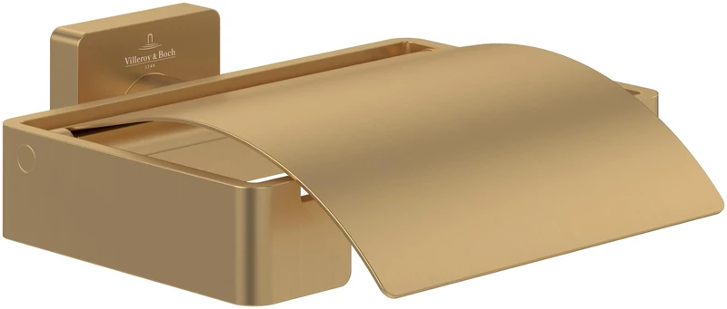 Villeroy & Boch Elements - Striking toilet roll holder with cover, for wall installation, brass, square toilet paper holder, Brushed Gold