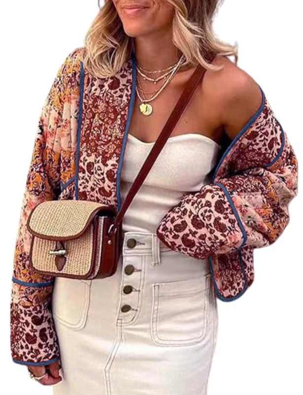 Omoone Women's Cropped Floral Quilted Jacket Cardigan Printed Lightweight Open Front Padded Puffer Coat, Brown, XS