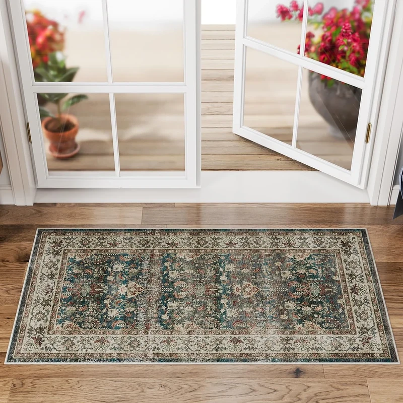 Dripex Washable Door Mat for Entryway 60x110cm, Green Vintage Door Rug for Front Back Door Short Pile, Machine Washable Kitchen Rug Non Slip Bath Rug for Bathroom