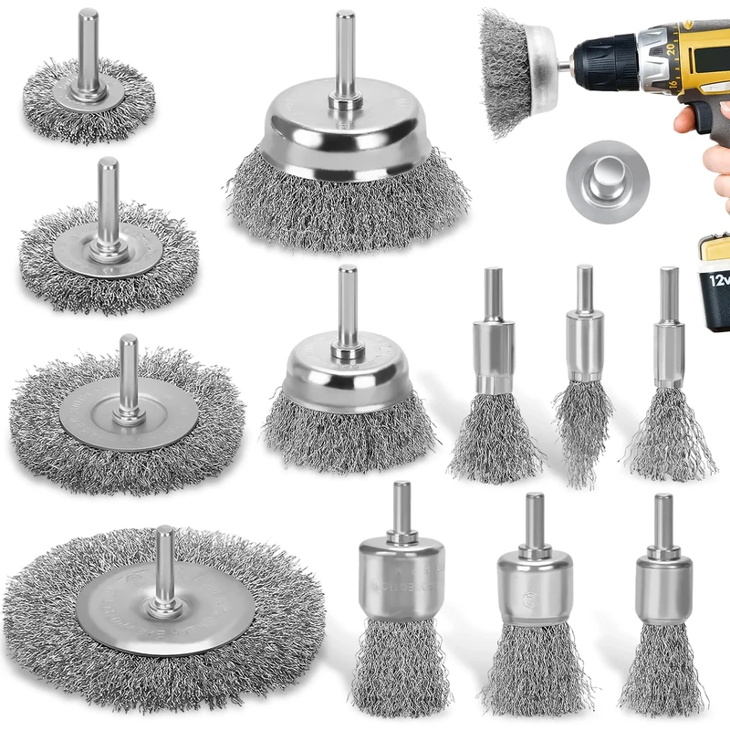DazSpirit 12 pcs Wire Brushes for Drills Set, Brass Coated Wire Wheel & Cup Brush with 1/4-Inch Drill Wire Brush Attachment for Rust Removal, Stripping, and Abrasive