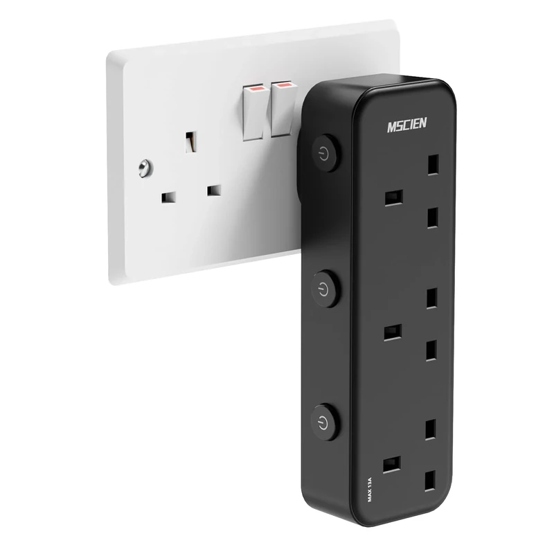 Mscien Plug Adapter, 3 Way Plug Extension Socket with Individually Switched, Multi Plug Adaptor Black Socket Extender, Wall Socket Extension for Home, Office, Dorm