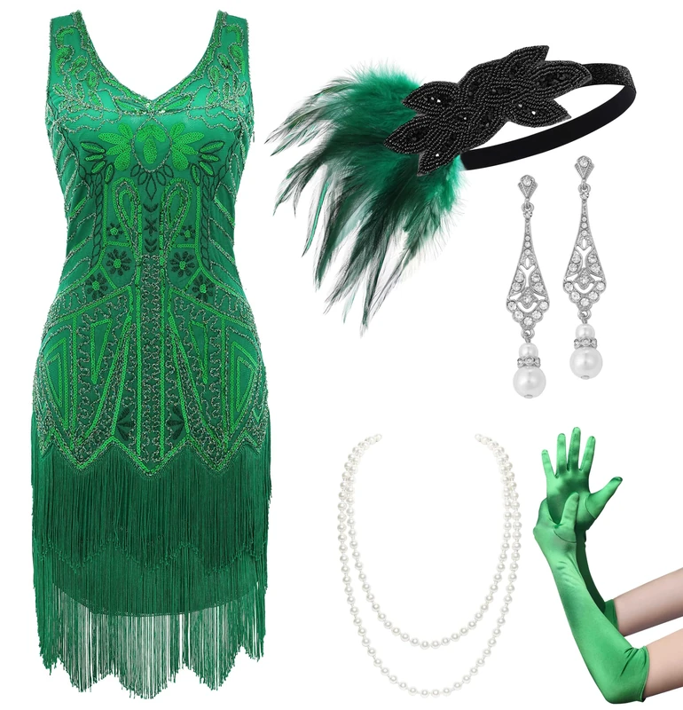 BABEYOND Women’s Flapper Dresses Set 1920s V Neck Beaded Fringed Great Gatsby Dress with Accessories Set, Set2 - Green, X-Small