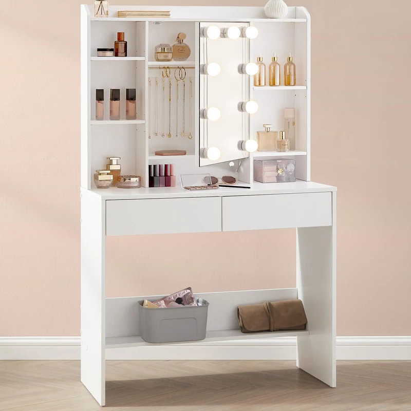 VASAGLE KAILYN Collection - Dressing Table with LED Lights, 9 Bulbs, 3 Light Colours, Vanity Desk with Mirror, Adjustable Shelves, 2 Drawers, Makeup Desk, Modern, Cloud White RDT126W02