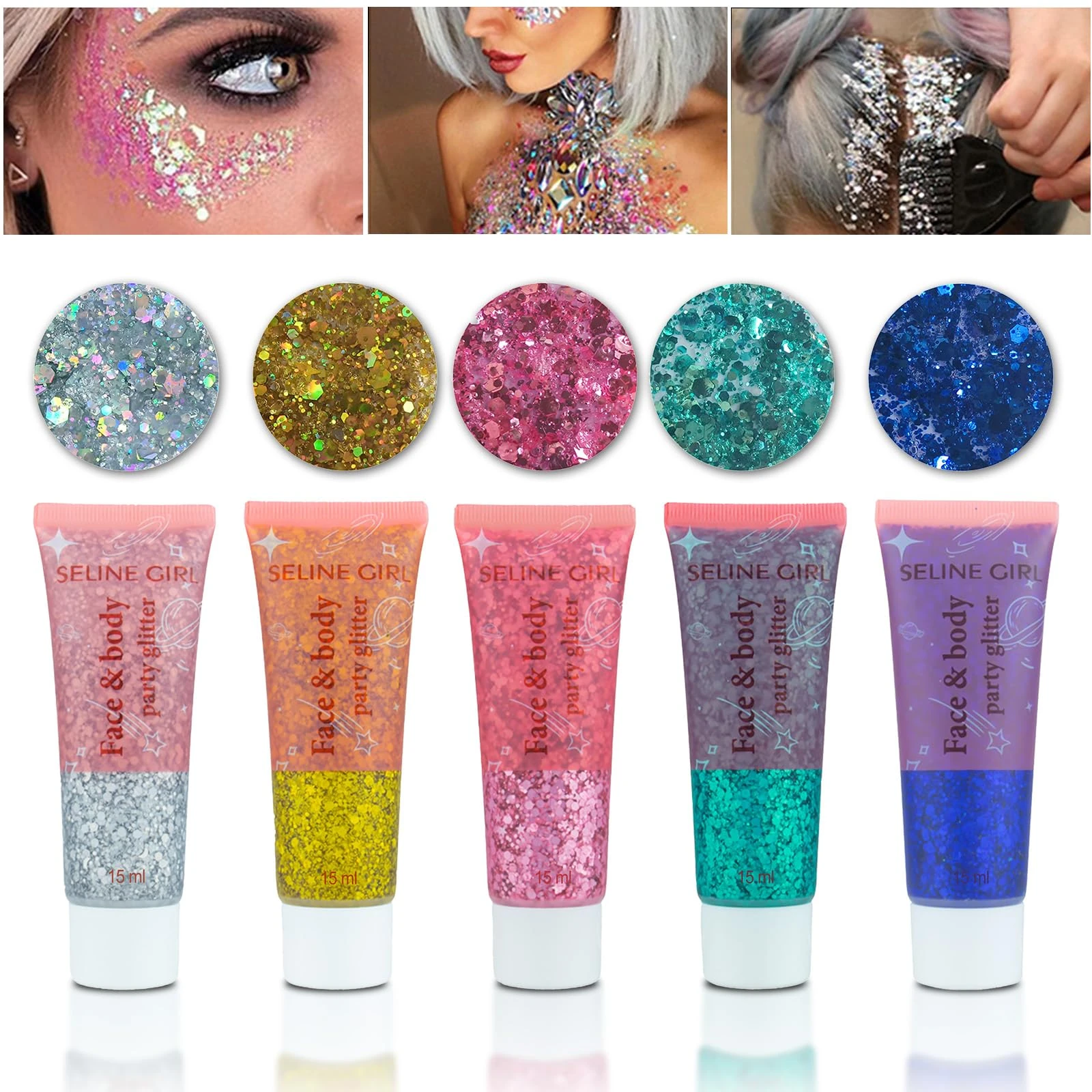 5Pcs Face Chunky Glitter Gel,75ml Mermaid Sequins for Body & Hair & Face & Eye & Lip Festival Holographic Glitter for Party Show Nightclub Art Festival Makeup Decoration,Vegan, Cruelty-Free