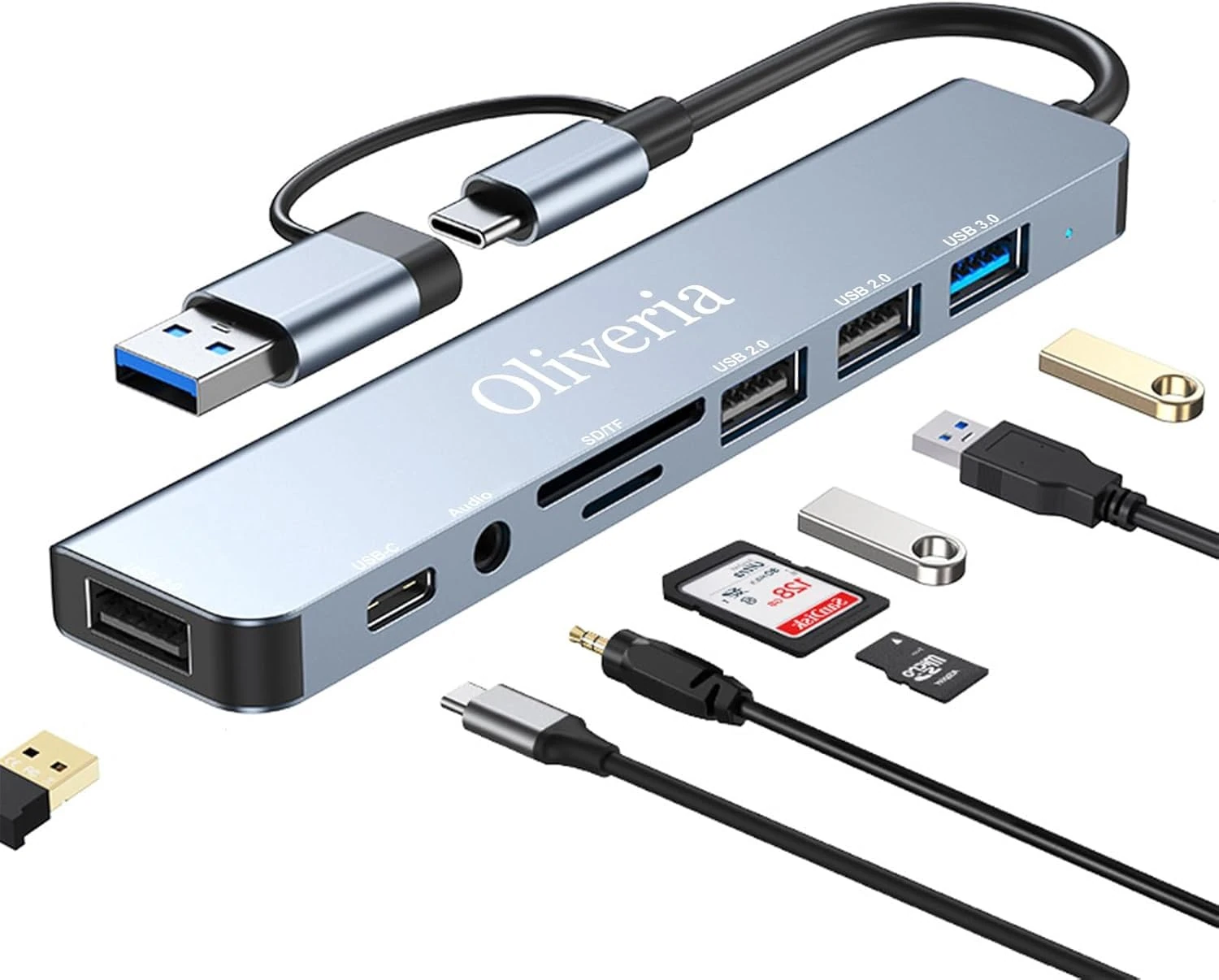 Oliveria USB C Hub 3.0, 8-in-2 Multiport Adapter with SD & TF Card Reader, USB 3.0 & 2.0 Ports, 100W PD, 3.5mm Audio, USB-C for MacBook, Galaxy, iPad, Windows