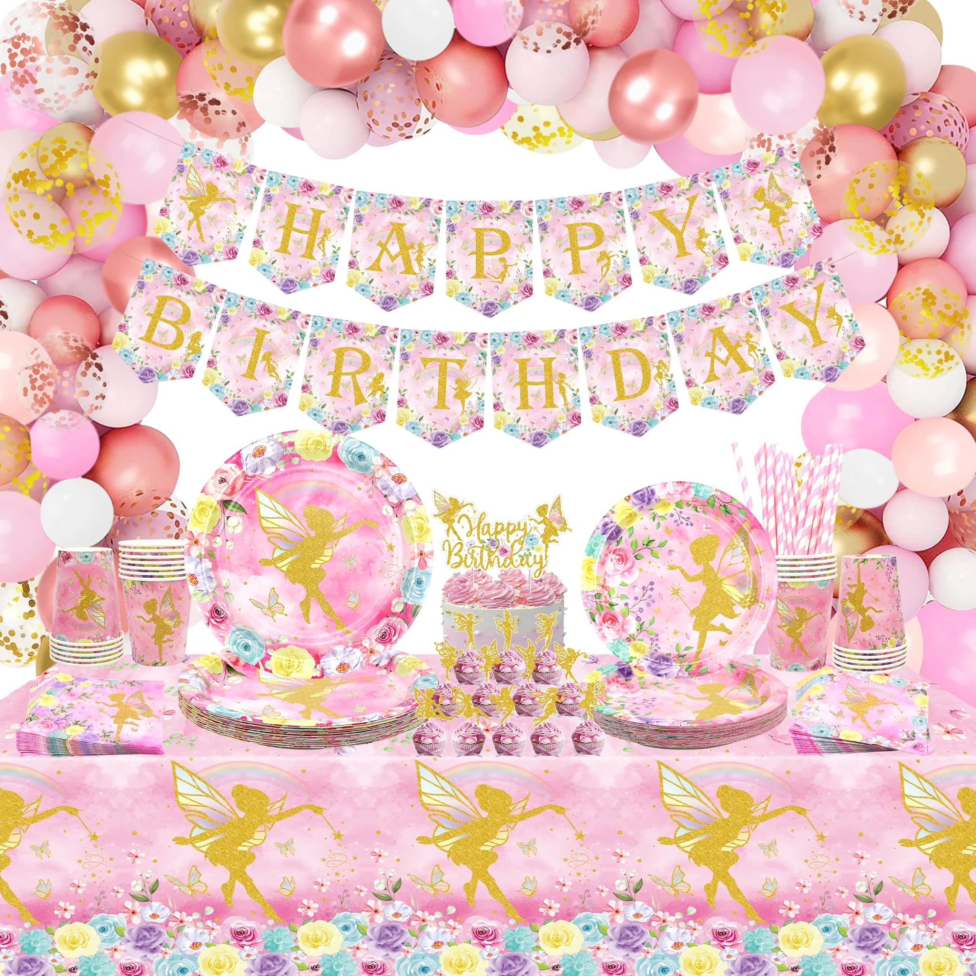 Fairy Party Decoration - Birthday Party Supplies with Plates, Cups, Napkins, Tablecloth, Banner, Balloons, Arch, Cake Toppers for Fairy Garden Flower Girls