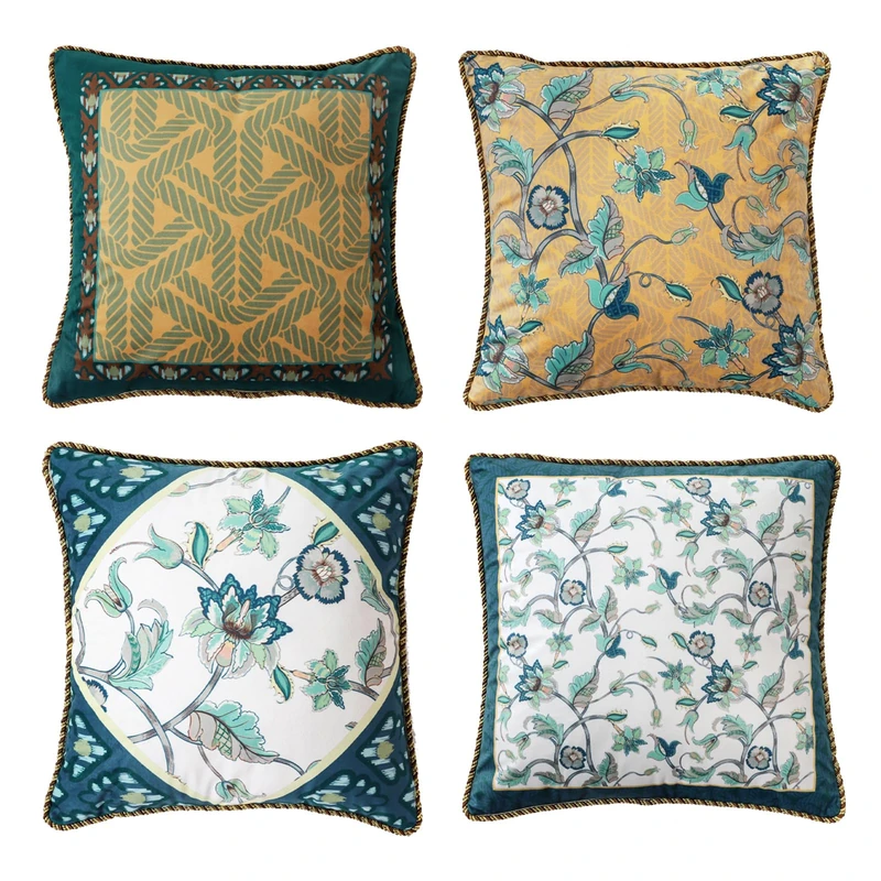 patdrea Designer Throw Pillow Covers 18x18 Inch,Green Classy Velvet Faux Embroidery Vine Floral Collection Pattern,Decorative Square Pillowcases Cushion for Bed Living Room Outdoor Car,Pack of 4
