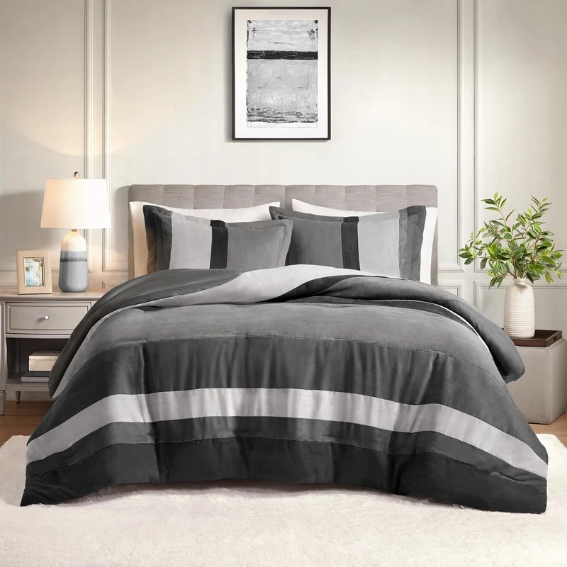 Comfort Spaces King Comforter Set, 3 Piece Luxe Microsuede, Pieced Design Color Block Stripes Bedding Comforter Sets, All Season Soft Brushed Microfiber Reverse, Matching Shams, King/Cal King, Black