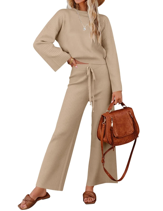 ZESICA Women's 2 Piece Outfits Set 2025 Casual Long Sleeve Knit Pullover Top and Wide Leg Pants Sweatsuit Lounge Sets, Sand, M