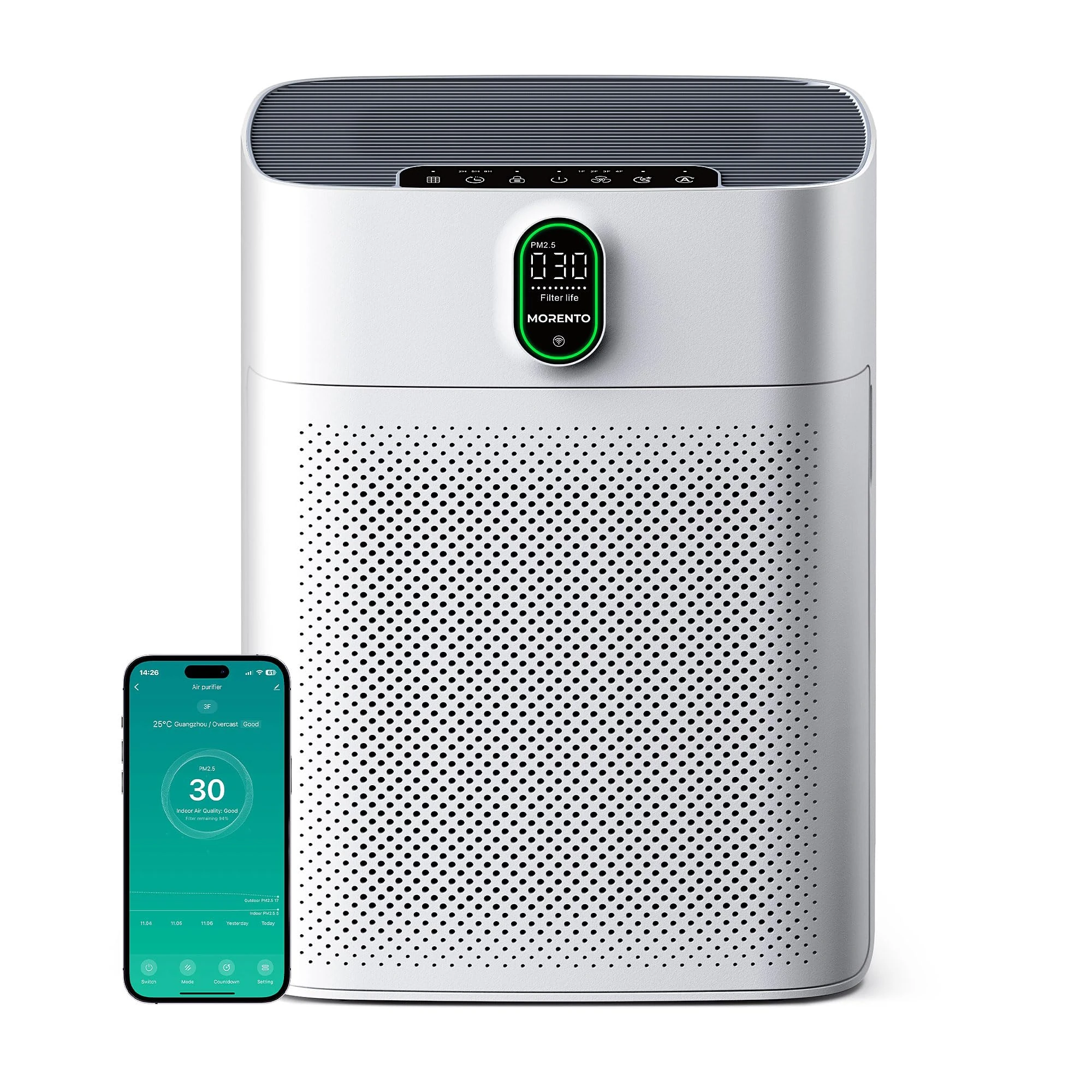 MORENTO Smart Air Purifier for home Large Rooms up to 1076 ft², Wi-Fi and Alexa compatible, Auto Mode, Quiet Mode 24dB, HEPA Filter Removes Dust, Pollen, Smoke 1 Pack