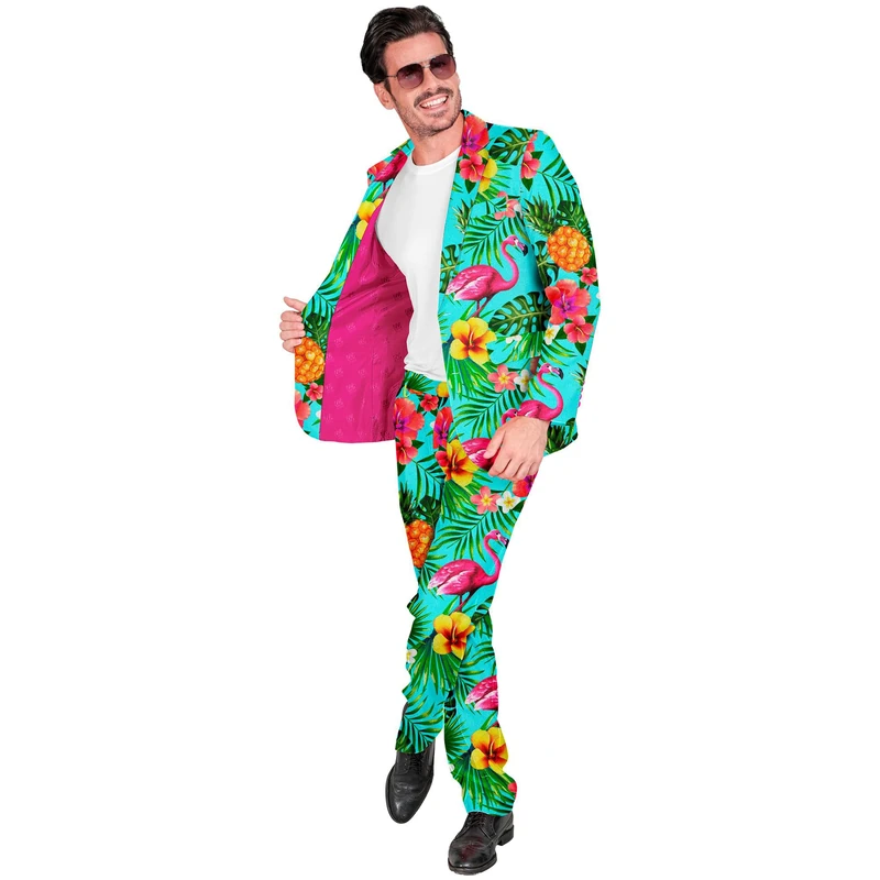 Widmann W MILANO Party Fashion - Costume Party Fashion Suit, Flamingo Pattern, Jacket and Trousers, Neon, Hawaii, Bird of Paradise, Showmen