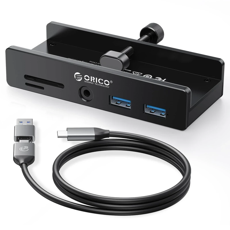 ORICO USB Hub 3.0, Clamp USB Hub with Extra Power Port, Aluminum USB C Adapter with 2 USB-A Data Ports,3.5mm AUX, SD/TF Card Reader for Desktop(Black)