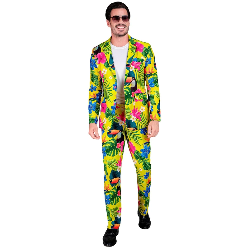 Widmann - Costume Party Fashion Suit, Tropical Pattern, Jacket and Trousers, Neon, Hawaii, Bird of Paradise, Showmen