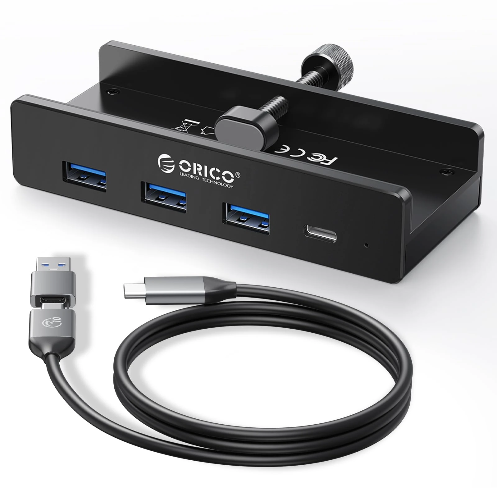 ORICO USB Hub, Aluminum USB 3.0 Hub Clip with 5V Power Supply Connection, 5Gbps 4 port USB Distributor with 3 USB-A 3.0 and 1 USB-C 3.0, 3.3Ft Cable (C to A/C), for Monitors Black