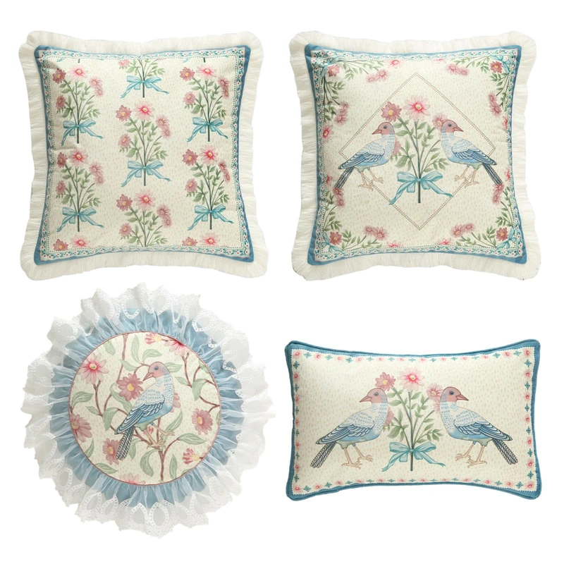 patdrea Designer French Country Velvet Throw Pillow Cover,Elegant Blue Pink Small Floral Collection Pattern,Decorative Lumbar Pillowcases Cushion for Bed Living Room Outdoor Car,Pack of 4