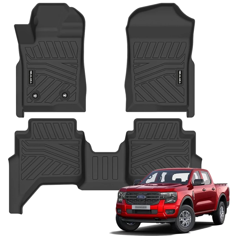 NIKALAIKA Floor Mats for 2024 2025 Ford Ranger SuperCrew All Weather Protection TPE Rubber Floor Liners for Ford Ranger 2024 2025 Accessories, Odorless Anti-Slip, 1st & 2nd Row, Black