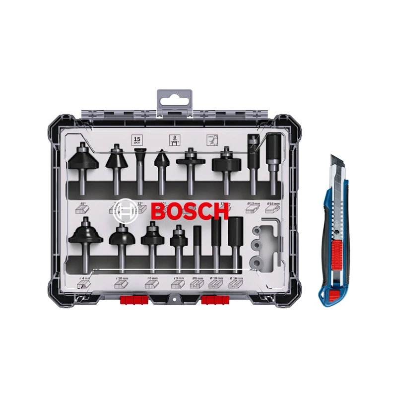 Bosch Professional 15-Piece Cutter Set with Cutter Knife (for Wood, Diameter 8 mm Shank, Router Accessories)