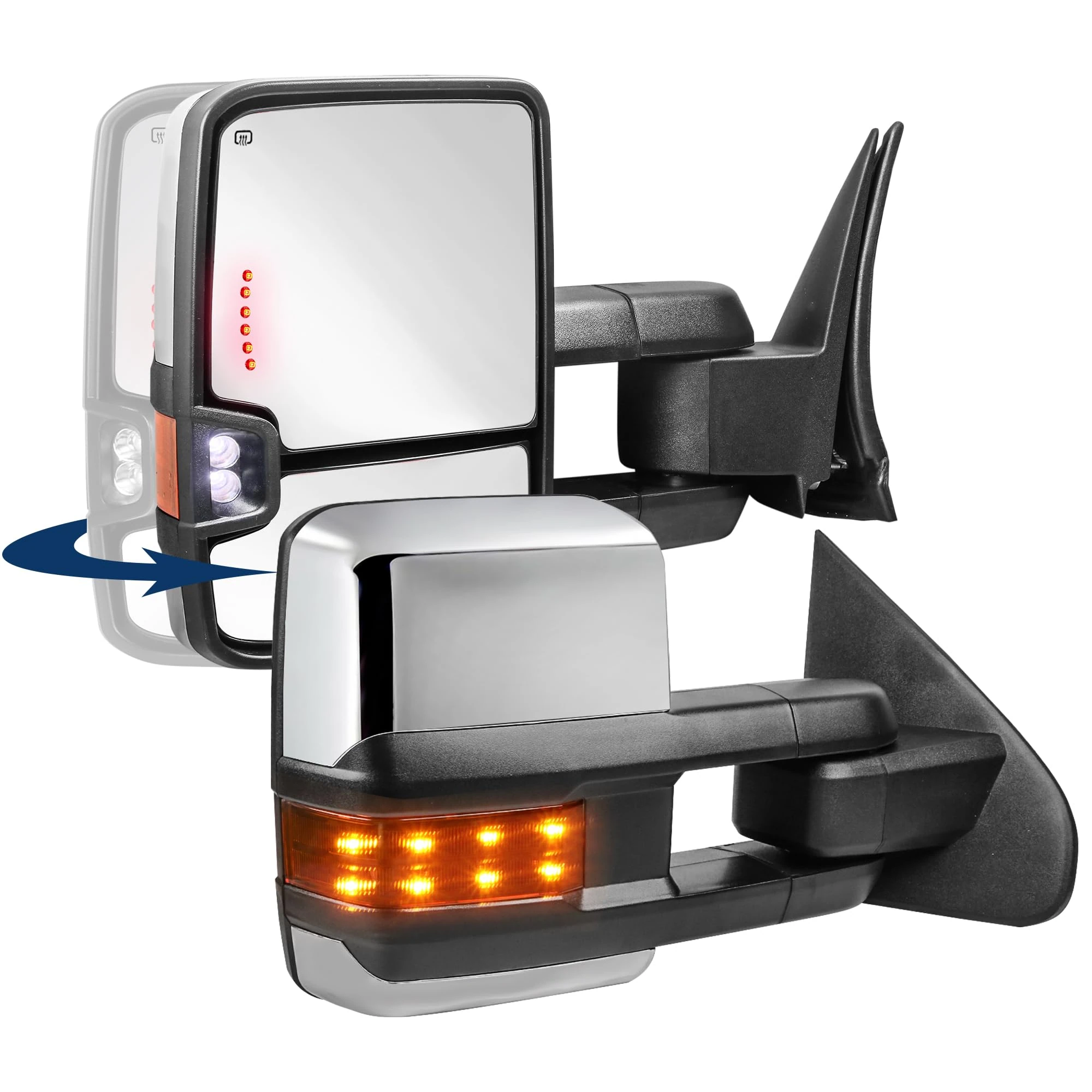 KUIPERAUTO Towing Mirrors Power Heated Compatible for 2014-2019 Chevy Silverado 1500 2500 3500 HD/GMC Sierra w/Turn Light,Amber Running light,Power Fold Extended Pair Set Chrome