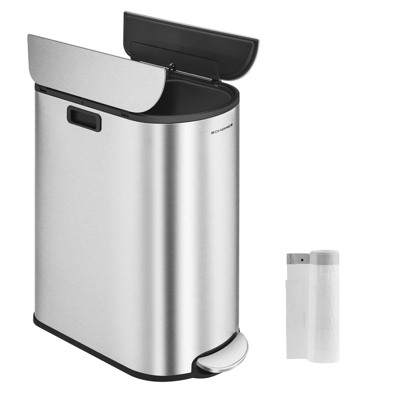 SONGMICS Double Kitchen Bin, 30L and 20L Dual Compartment Slim Bin for Recycling and Waste, Pedal Bin with Wing Lids, Metallic Silver LTB570E50