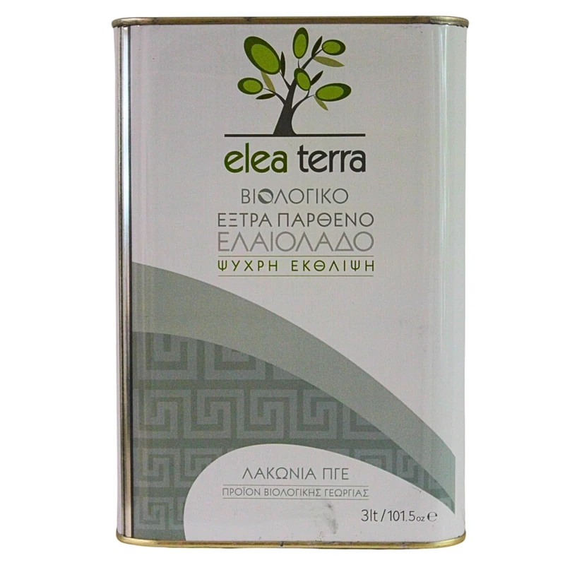 Elea Terra Organic Greek Extra Virgin Olive Oil 3L – Cold-Extracted EVOO, Acidity ≤0.8%, Glass-Like Freshness in Tin, Product of Laconia, Greece