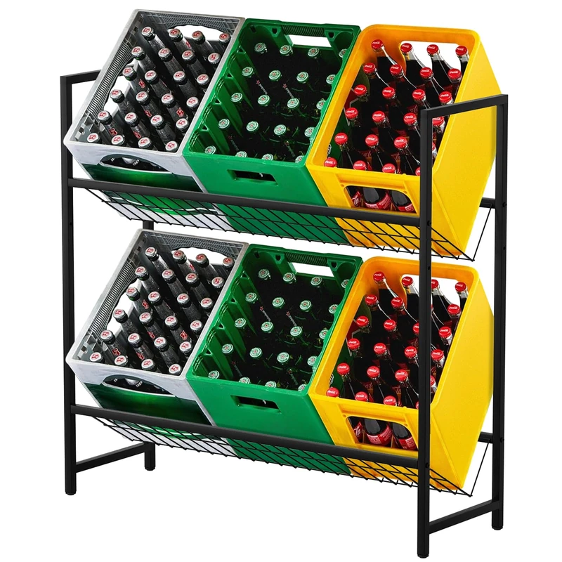 Todeco Beverage Rack with Wire Mesh Stand, Height Adjustable, Drink Crate Holder for 6-8 Crates, Beverage Crate Shelf with Adjustable Feet