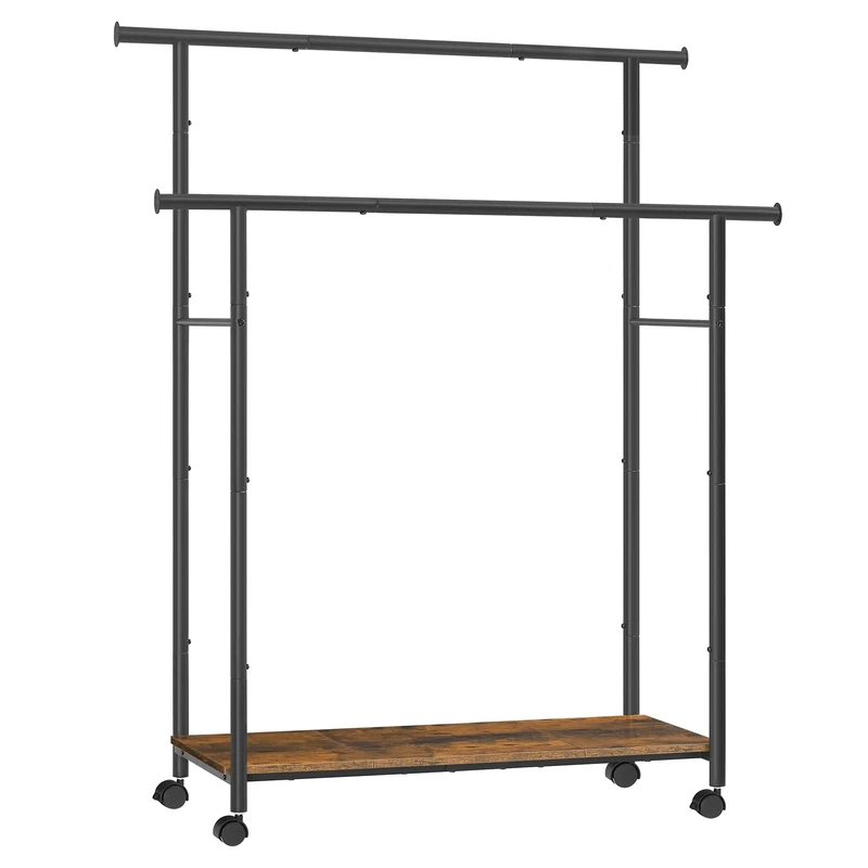 SONGMICS Clothes Rack with Wheels, Double-Rod Clothing Rack for Hanging Clothes, 38.8 Inches Garment Rack with Shelf, Loads up to 220 lb, for Bedroom, Closet, Rustic Brown and Ink Black UHSR152B01
