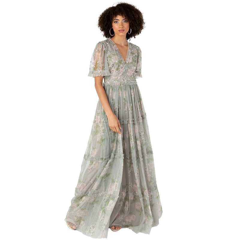 Anaya with Love Women's Maxi Dress Ladies V-Neck Short Angel Sleeves Tiered Ruffle for Bridesmaid Wedding Guest Occasion Prom Ball Gown Floral Sage Green 10