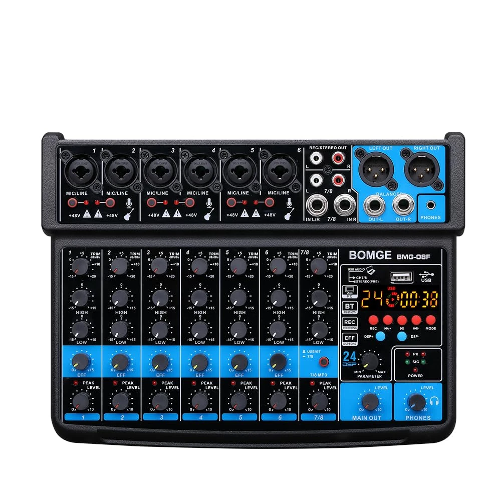 BOMGE 8 channel mini audio mixer Line Mixer ，DC 5V，with MP3 Player,BluetoothcU disk 48Vv24DSP effects, USB recording Ideal for Small Clubs or Bars, Studio Recording (8 channels-BLACK)