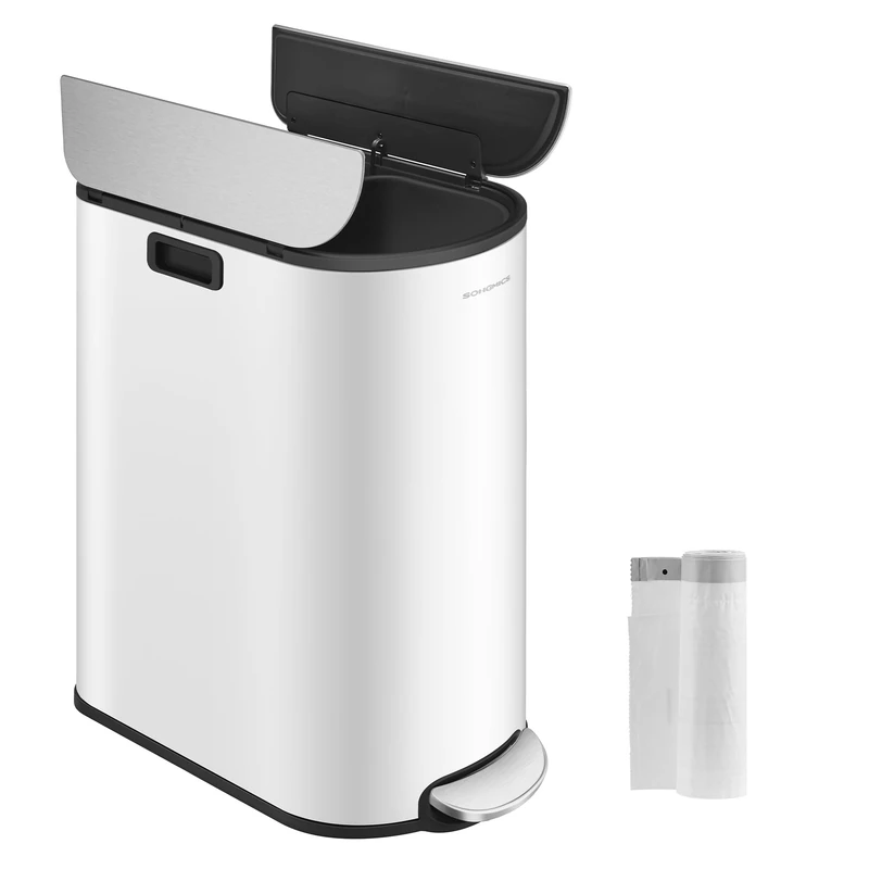 SONGMICS Double Kitchen Bin, 30L and 20L Dual Compartment Slim Bin for Recycling and Waste, Pedal Bin with Wing Lids, Cloud White and Metallic Silver LTB570W02