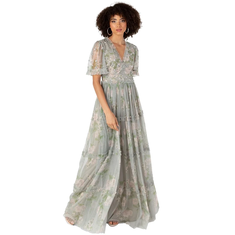 Anaya with Love Women's Maxi Dress Ladies V-Neck Short Angel Sleeves Tiered Ruffle for Bridesmaid Wedding Guest Occasion Prom Ball Gown Floral Sage Green 24