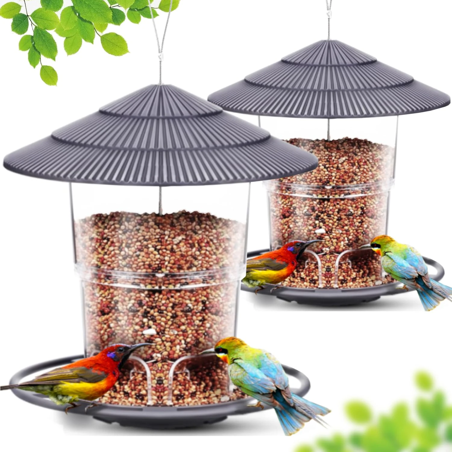 WLLKOO Bird Feeders for Outdoors, 2 Pack Bird Feeder Outside Hanging, Adjustable Feeder with Sturdy Wire and Roof, Plastic Bird Feeder for Garden, Backyard, Terrace