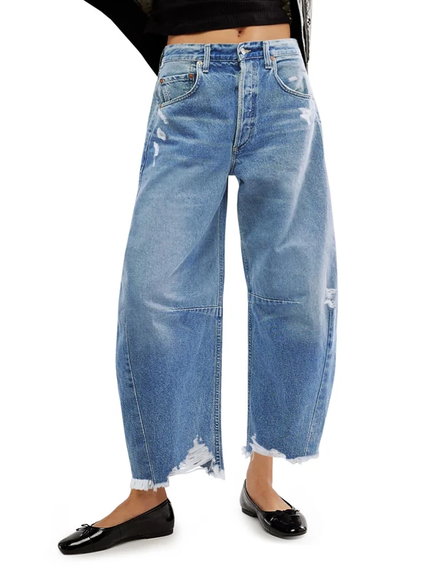 Cicy Bell Women's Baggy Wide Leg Jeans Barrel Horseshoe Boyfriend Cropped Raw Hem Denim Pants, Light Blue, 14
