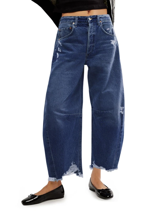 Cicy Bell Womens Baggy Barrel Jeans Cropped Boyfriend Wide Leg Raw Hem Denim Pants, Navy, 4