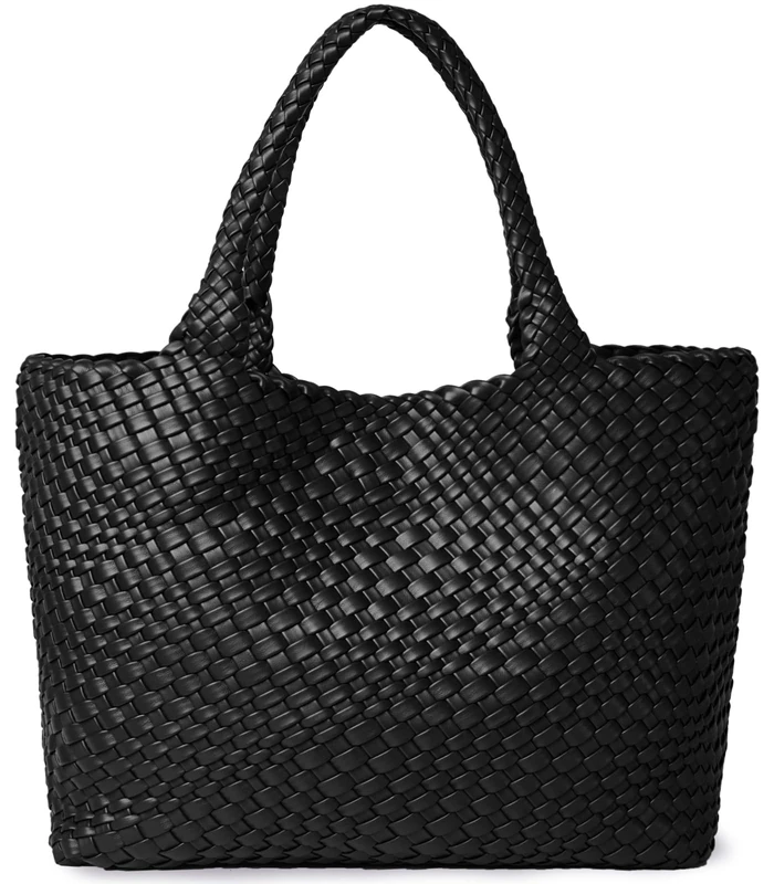 JOTOFIT Woven Bags for Women, Fashion Top Handle Shoulder Bag Soft Vegan Leather Shopper Bag, Black, One Size