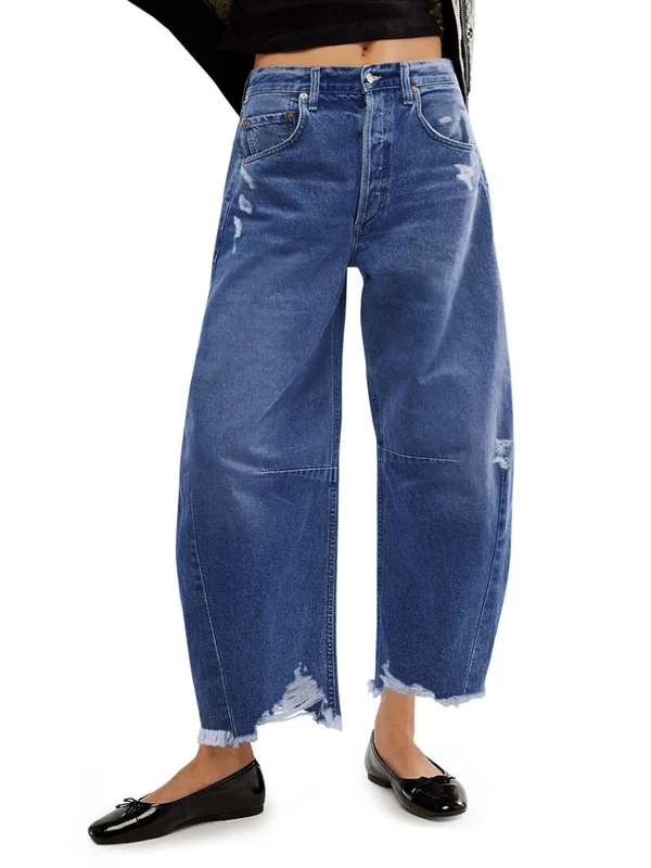 Cicy Bell Women's Baggy Wide Leg Jeans Barrel Horseshoe Boyfriend Cropped Raw Hem Denim Pants, Blue, 14