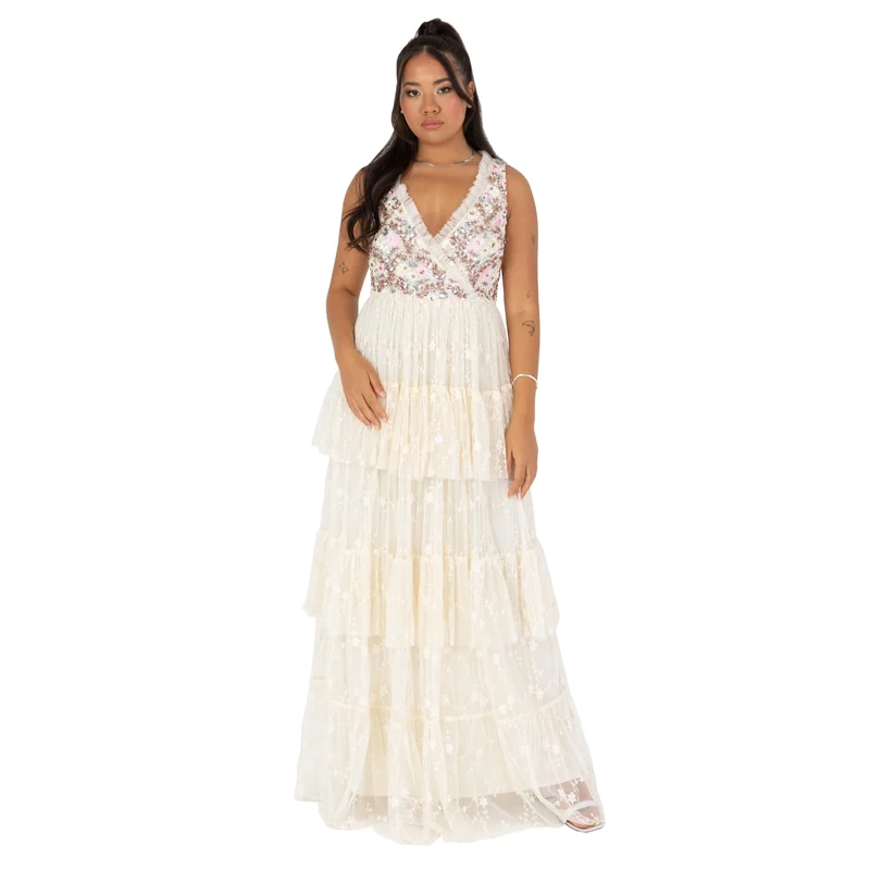 Maya Deluxe Women's Ladies Maxi Dress Sleeveless V-Neckline Wrap Tiered Ruffle Sequin Embellished Embroidered Tulle A-line Ball Gown Ecru 8
