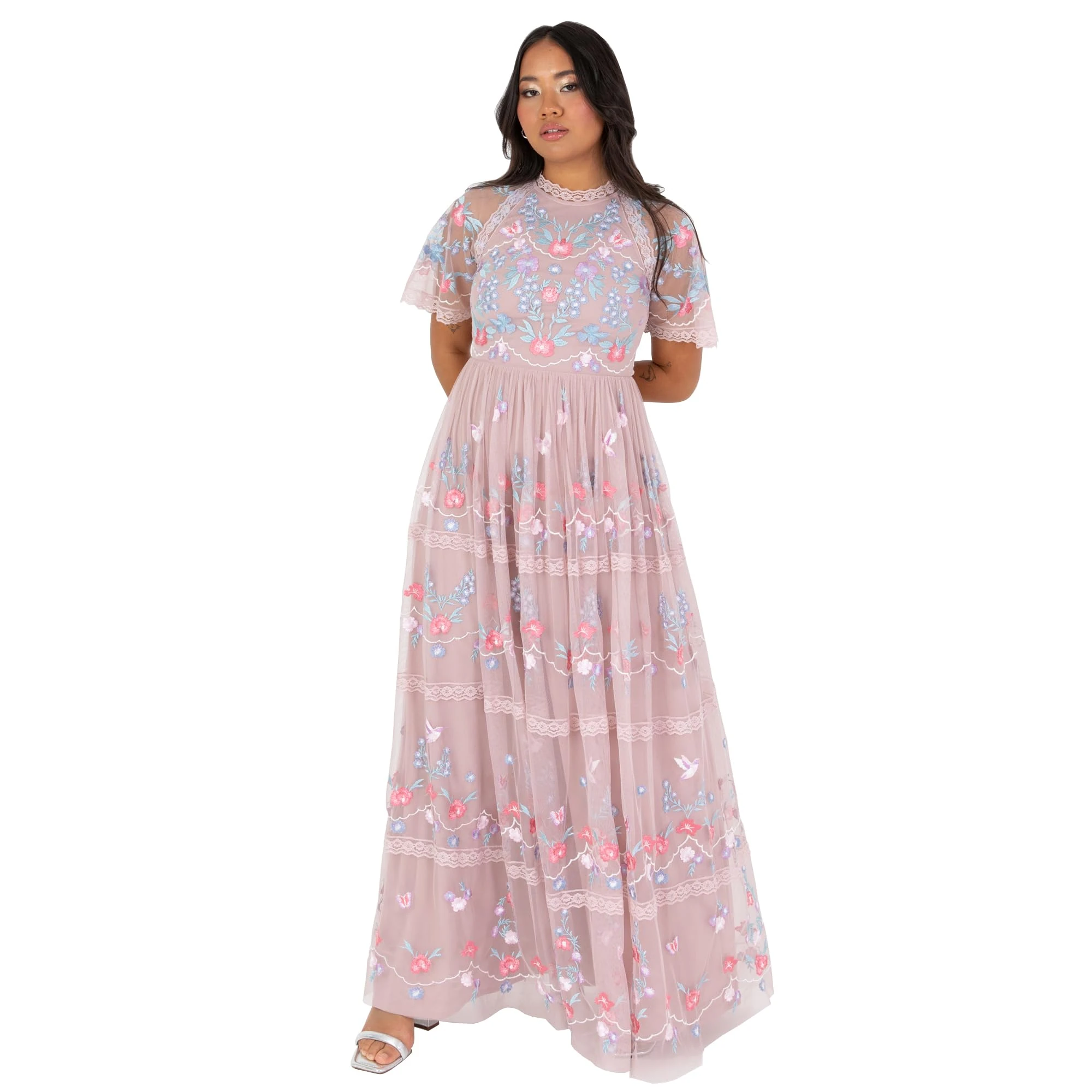Maya Deluxe Women's Ladies Maxi Dress Short Sleeve Round Neck Floral Embroidered Tulle Lace A-line for Bridesmaid Wedding Guest Prom Frosted Pink 14