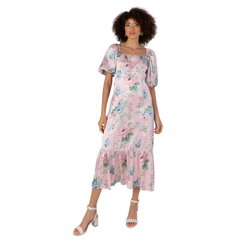 Anaya with Love Women's Women's Midaxi Dress Ladies Square Neck Short Puff Sleeve Satin Tie Back Floral for Wedding Guest Party Evening Occasion Dress, Blush Pink, - Image 1