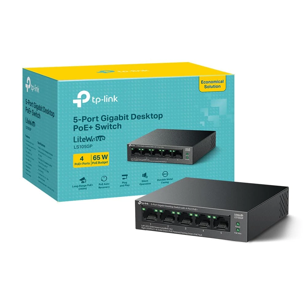 TP-Link LS105GP 5 Port Gigabit PoE Switch, 4x Gigabit PoE+ Ports, 802.3af/at 30W, 65W Total Budget, Network Switch, Power Saving, Plug & Play, Metal Case, Ethernet Switch, Ethernet Splitter