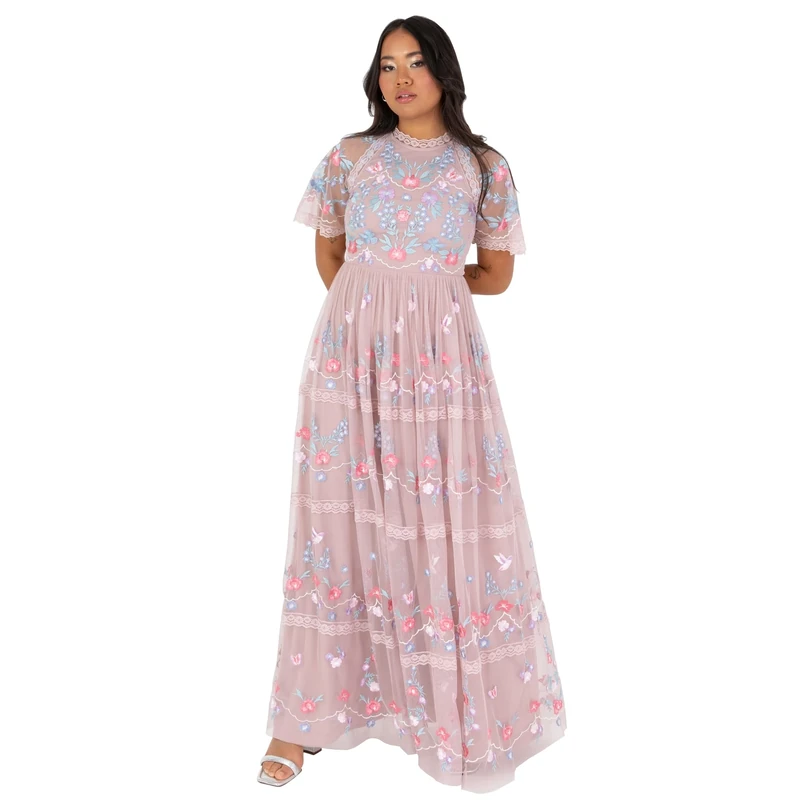 Maya Deluxe Women's Ladies Maxi Dress Short Sleeve Round Neck Floral Embroidered Tulle Lace A-line for Bridesmaid Wedding Guest Prom Frosted Pink 8