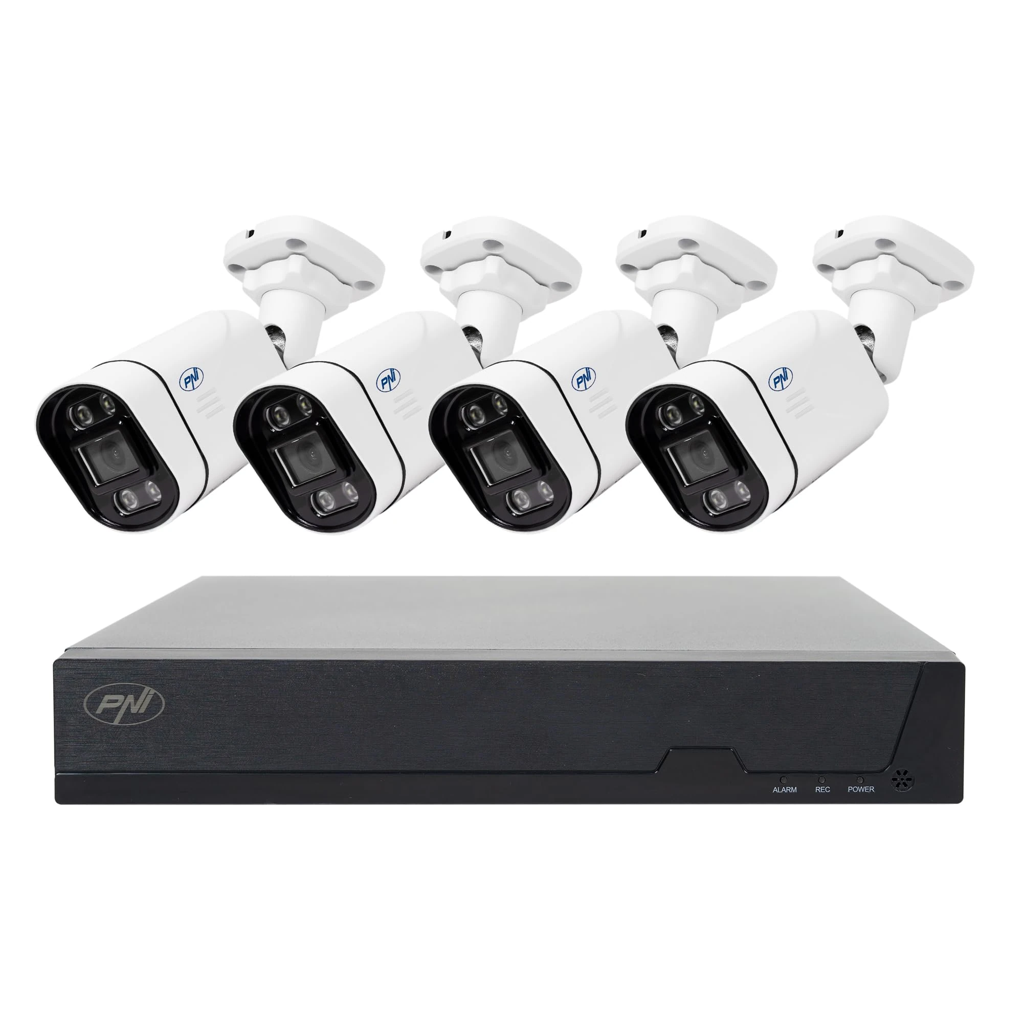 POE PNI House IPMAX POE 5 video surveillance kit, NVR with 4 POE ports and 4 5MP IP-cameras, 1920p, dedicated XMEye application for smartphones and General CMS for Windows Ⓡ, IP66 rating