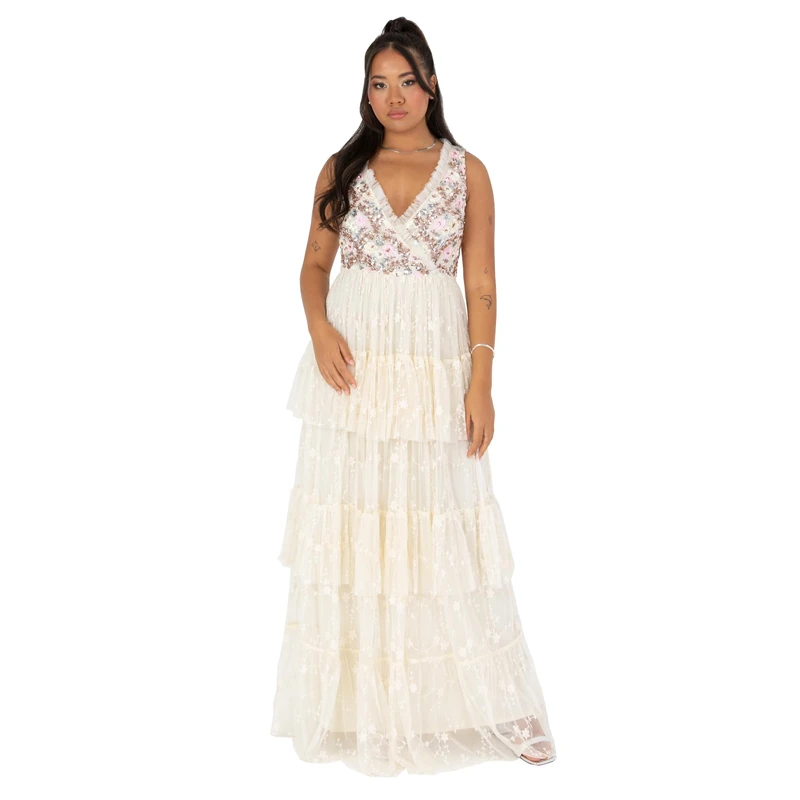 Maya Deluxe Women's Ladies Maxi Dress Sleeveless V-Neckline Wrap Tiered Ruffle Sequin Embellished Embroidered Tulle A-line Ball Gown Ecru 18