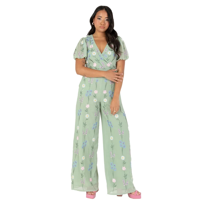 Maya Deluxe Women's Ladies Jumpsuit Short Sleeve V-neck Wrap Tie Belt Open Back Embroidered Wide Leg for Wedding Guest Occasion, Sage Green, 14