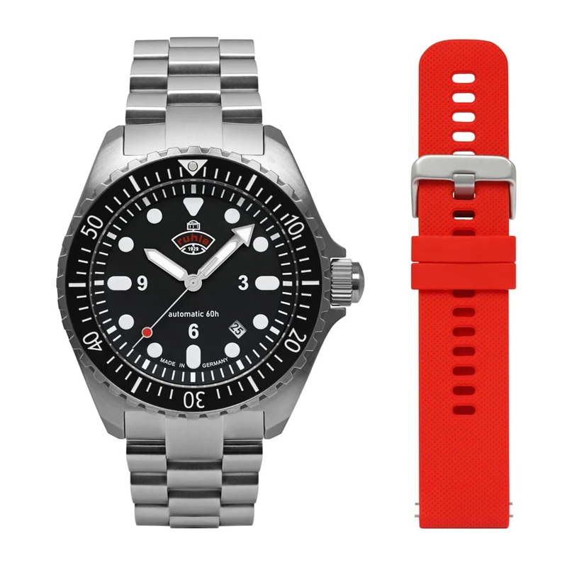 Ruhla 4960M2_Set Men's Automatic Minentube Diver Watch with Red Interchangeable Strap, Black, Classic - Image 1